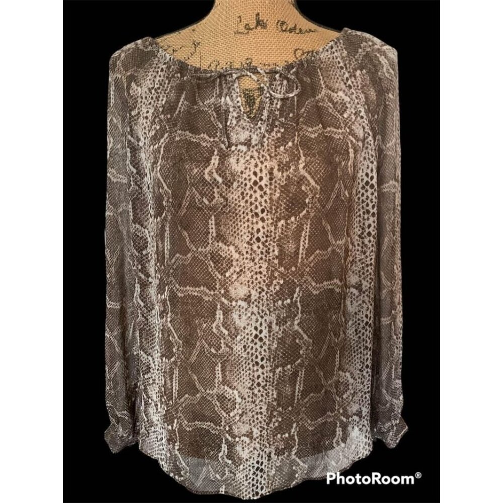 🍒 2/$20 🍒 INC Brown Snakeskin Sheer Blouse sz 6 with Tie at Collar